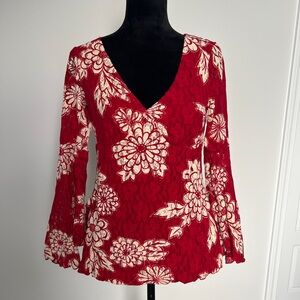 INC International Concepts Red and Cream Floral Lace Blouse Side Slits